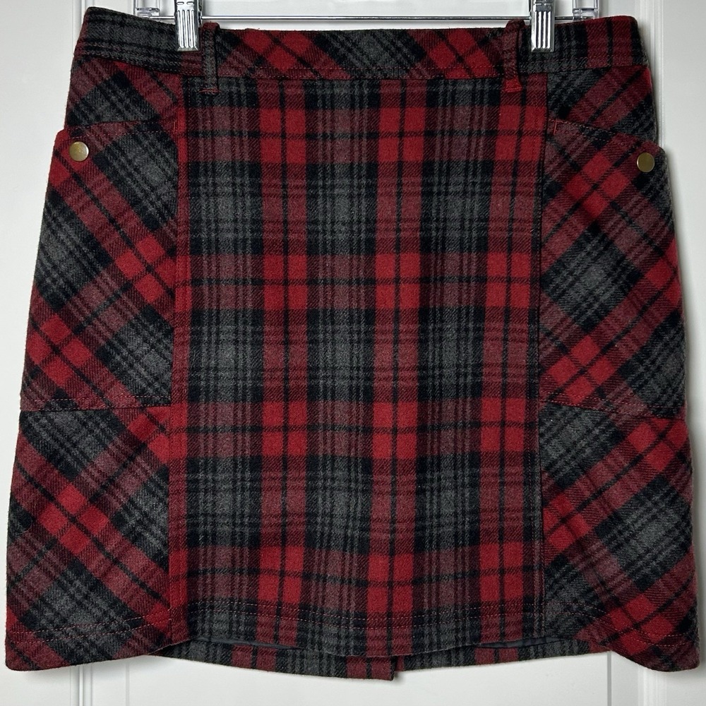 Eddie Bauer Wool Blend Red Gray Tartan Plaid Mini Skirt Dark Academia Style